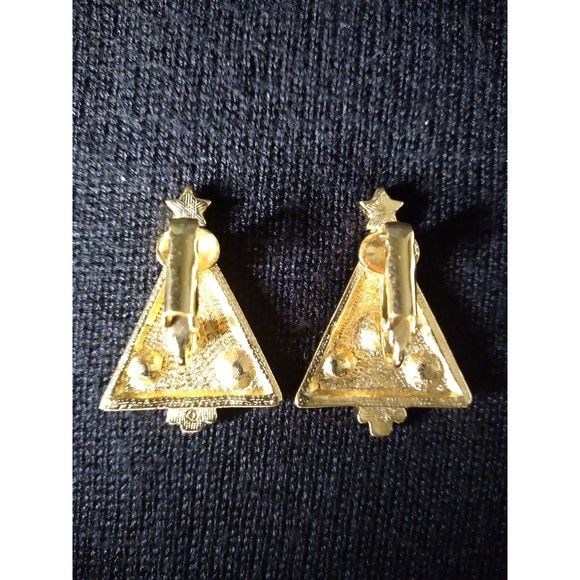 Vintage Gold Tone Rhinestones Christmas Tree Clip On Earrings Star on Top - Picture 2 of 7